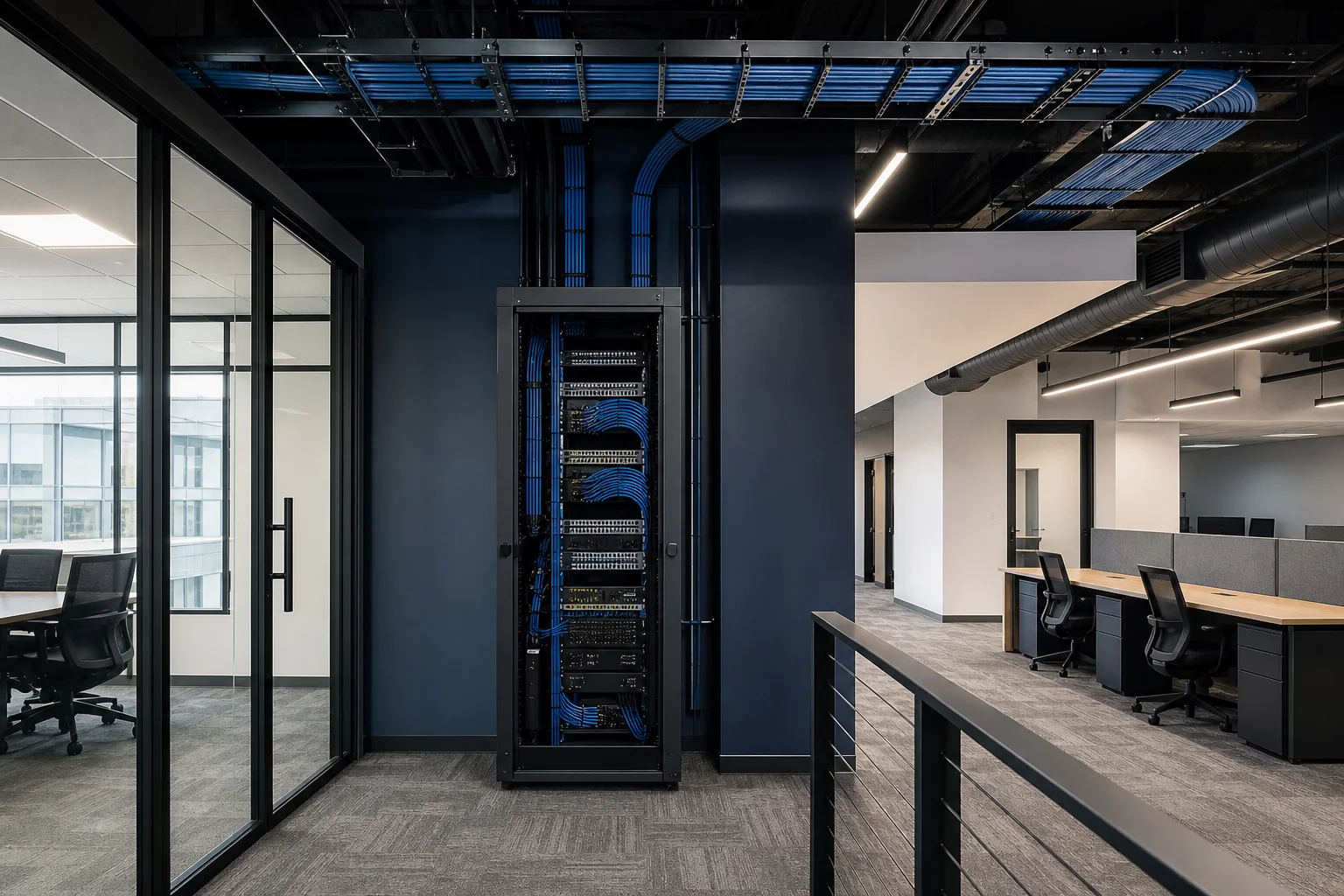 Organized structured cabling and network rack within a modern office
