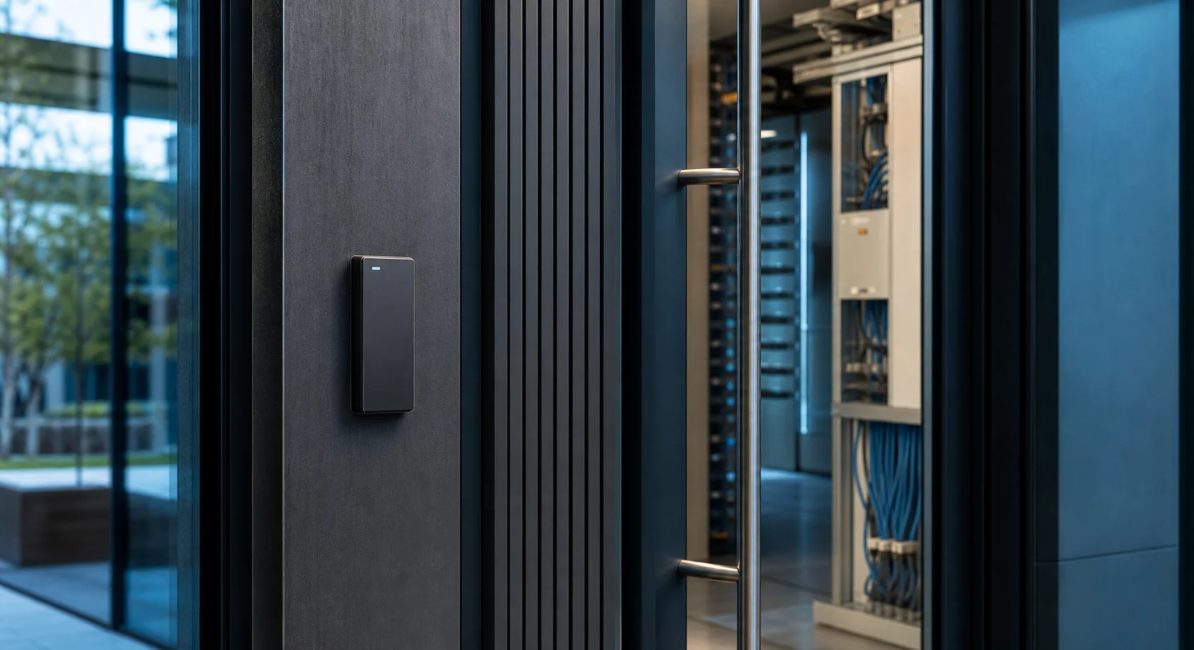 Discreet access-control reader beside a secured technology room